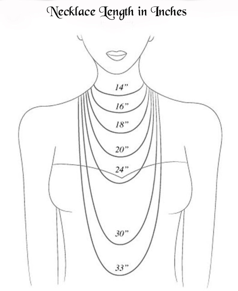 May include: A line drawing of a person wearing necklaces of different lengths, showing how they would look on a person. The lengths are labeled in inches: 14", 16", 18", 20", 24", 30", and 33".