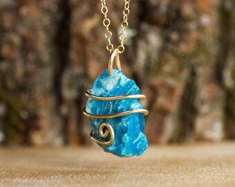 Raw Blue Apatite Necklace - Apatite Pendant -  Raw Crystal Necklace - Raw Stone Necklace - Necklace for Him or Her - Vegan Necklace