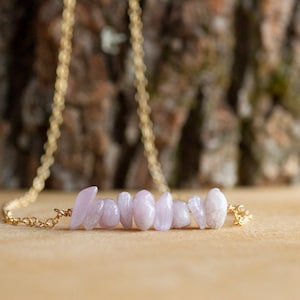 May include: A delicate gold chain necklace with a row of pale lavender gemstone chips.