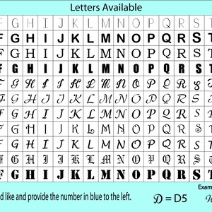 May include: A chart with a light blue background showing 11 rows of letters from A to Z in different fonts. The chart is labeled "Letters Available" and includes examples of how to choose a letter and number combination.