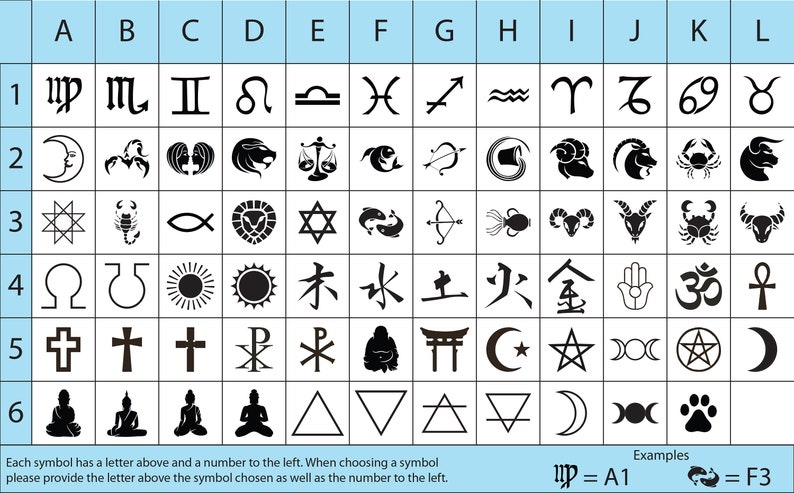 May include: A black and white chart with 6 rows and 12 columns. Each cell contains a symbol. The symbols are numbered 1 through 6 and lettered A through L. The chart includes symbols such as the zodiac signs, religious symbols, and other symbols. The text at the bottom of the chart reads "Each symbol has a letter above and a number to the left. When choosing a symbol please provide the letter above the symbol chosen as well as the number to the left. Examples up = A1 = F3"