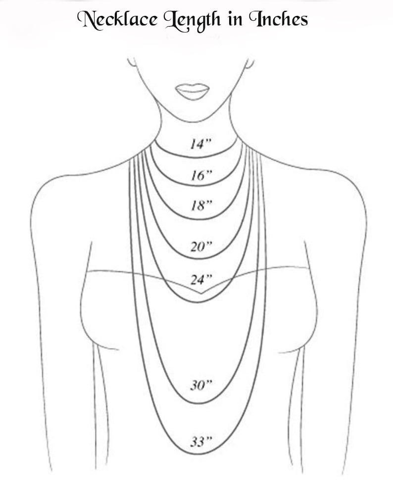 May include: A line drawing of a person wearing necklaces of different lengths, showing how they would look on a person. The lengths are labeled in inches: 14", 16", 18", 20", 24", 30", and 33".