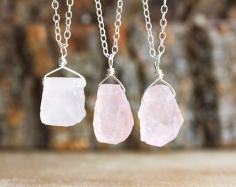 Raw Rose Quartz Necklace - Silver or Gold Raw Rose Quartz Necklace - Gift for Wife- Gift for Her - Rose Quartz Pendant - Healing Necklace