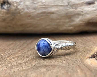 Sodalite Ring, Wire Wrapped Sodalite Ring, Sterling Silver Ring, Gold Fill Ring, Wrapped Gemstone Ring, Healing Jewelry, Blue Statement Ring