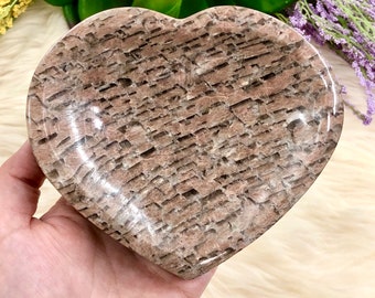 Peach Moonstone with Smoky Quartz Heart-Shaped Dish 132mm PI - Heart Chakra - Solar Plexus Chakra - Crystal Grid - Altar Decor - Meditation