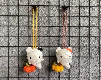Crochet Car Hanging Decoration Halloween Ghost Kitty Crochet Cat Car Hanger Accessories Charm Mirror Hanger Spooky Car Accessories Gift Idea