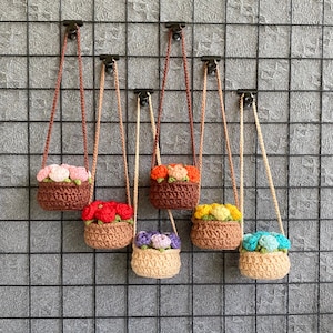 Crochet Plant Car Hanging Accessories Crochet Valentins Day Car Hanger Crochet Car Charm Mirror Hanger Rose Flower Basket Mothers Day Gift