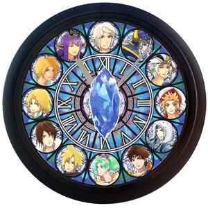 May include: A black framed clock with a blue crystal in the centre. The clock face is decorated with stained glass featuring characters from a video game. The numbers on the clock face are Roman numerals.