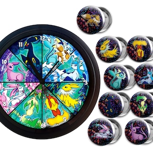 Eeveelution Clock Gift Set - Eeveelution Clock - Eevee Button Set - Kids Room Decor - Anime Decor - Eevee