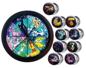 May include: A black clock with a stained glass design featuring Pokemon characters. The clock face is divided into 12 sections, each with a different Pokemon character. The clock is surrounded by 10 smaller buttons, each featuring a different Pokemon character.