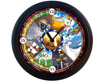 May include: A black framed clock with a colorful stained glass design. The clock face is divided into 12 sections, each with a different image and Roman numeral. The clock hands are black and point to the time.