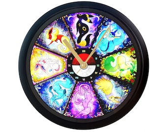 May include: A black wall clock with a colorful design featuring Pokemon characters. The clock face has Roman numerals and a Pokemon-themed center.