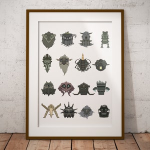 May include: A framed print featuring a collection of stylized, geometric illustrations of various creatures or characters. The artwork is primarily in shades of gray, brown, and beige, with each design having a unique shape and appearance. The frame is brown.