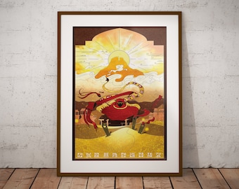 May include: A digital art print featuring a red and gold illustration of a character in a hooded cloak, standing on a platform with a golden background. The character is surrounded by a swirling cloud of gold and red, and the background is filled with a golden sun and a sky with clouds. The print has a gold frame.