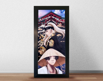 May include: A digital illustration of a person wearing a black and gold robe and a white hat with a black brim. The person is standing in front of a red and white building with a blue sky in the background.