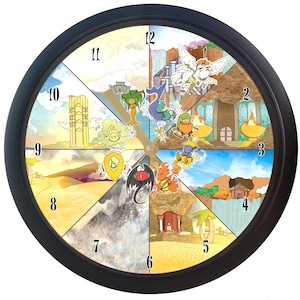 May include: A round clock with a black frame and a colorful design. The clock face is divided into 12 sections, each with a different scene and a number. The numbers are in black and the scenes are colorful and whimsical.