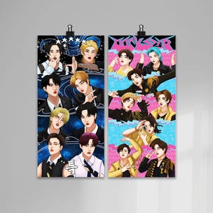 May include: Two posters featuring a group of men in colorful outfits and poses. The poster on the left has a dark blue background with stars and the word "DREAM" in white. The poster on the right has a pink and blue background with the word "ROCKSTAR" in white.