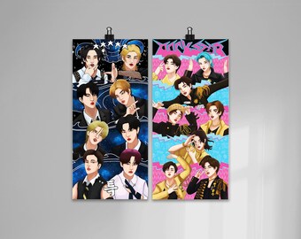 May include: Two posters featuring a group of men in colorful outfits and poses. The poster on the left has a dark blue background with stars and the word "DREAM" in white. The poster on the right has a pink and blue background with the word "ROCKSTAR" in white.