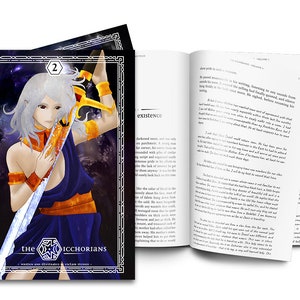 Pode incluir: Uma capa de livro de fantasia com um personagem de cabelo branco segurando uma espada. A capa é azul escura com detalhes dourados e o título "The Icchorians" está escrito em uma fonte estilizada.