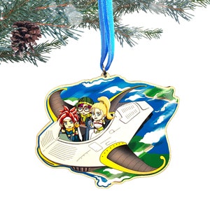 May include: A wooden Christmas ornament featuring a white spaceship with yellow accents flying through a blue sky with clouds. Four cartoon characters are inside the spaceship.