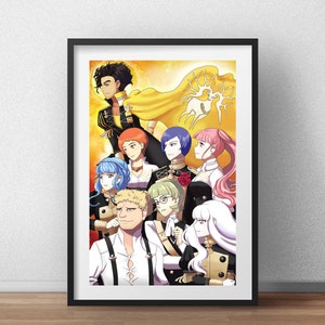 May include: A group of anime characters, including a blonde man with a white shirt and black suspenders, a woman with long white hair, and a woman with long pink hair. The characters are standing in front of a yellow background with a white deer symbol.