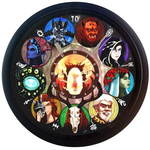May include: A black clock face with a circular design featuring various characters and symbols. The clock face is surrounded by a black frame. The clock face features Roman numerals and a circular design with various characters and symbols.