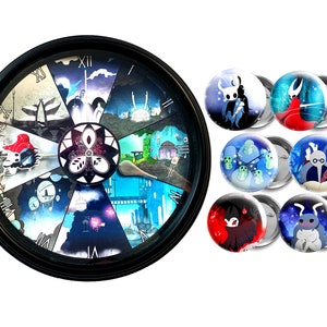 May include: A black clock with a white face and Roman numerals. The clock face is divided into 12 sections, each depicting a different scene from the video game Hollow Knight. There are eight pins with different characters from the game.