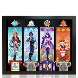 May include: A framed display featuring four characters from a video game. Each character is depicted in a different color scheme, representing the four elements: water, earth, lightning, and fire. The characters are standing on platforms with decorative elements.