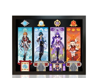 May include: A framed display featuring four characters from a video game. Each character is depicted in a different color scheme, representing the four elements: water, earth, lightning, and fire. The characters are standing on platforms with decorative elements.