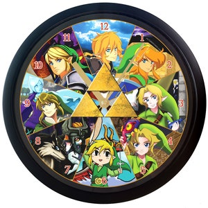 May include: A black circular clock with a gold Triforce design in the center. The clock face is divided into 12 sections, each featuring a different Link from the Legend of Zelda video game series. The numbers 1 through 12 are displayed in red around the clock face.