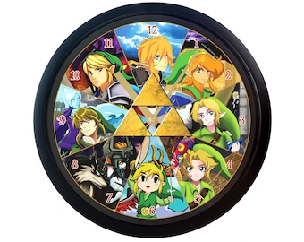 May include: A black circular clock with a gold Triforce design in the center. The clock face is divided into 12 sections, each featuring a different Link from the Legend of Zelda video game series. The numbers 1 through 12 are displayed in red around the clock face.