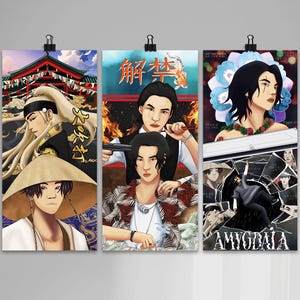 May include: Three colorful illustrations of men in different settings. The first illustration shows a man in a traditional Japanese outfit with a red and gold temple in the background. The second illustration shows a man with black hair and a black shirt holding a gun. The third illustration shows a man in a black shirt with a white collar and a black and white background.