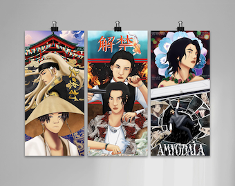 May include: Three colorful illustrations of men in different settings. The first illustration shows a man in a traditional Japanese outfit with a red and gold temple in the background. The second illustration shows a man with black hair and a black shirt holding a gun. The third illustration shows a man in a black shirt with a white collar and a black and white background.