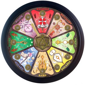 May include: A round, black-framed clock with a colorful, segmented face featuring fantasy class names like "Fighter" and "Wizard." The clock hands are gold, and a central die is visible. The clock is designed for tabletop role-playing games.