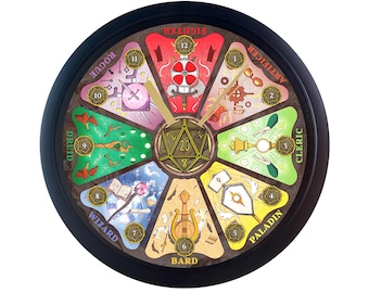May include: A round, black-framed clock with a colorful, segmented face featuring fantasy class names like "Fighter" and "Wizard." The clock hands are gold, and a central die is visible. The clock is designed for tabletop role-playing games.