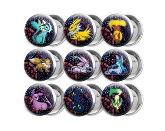 May include: Set of ten 1 inch diameter pinback buttons featuring various Pokemon characters in a stained glass style. The characters include Eevee, Vaporeon, Jolteon, Flareon, Espeon, Umbreon, Leafeon, Glaceon, Sylveon, and  a  psychic type Pokemon.