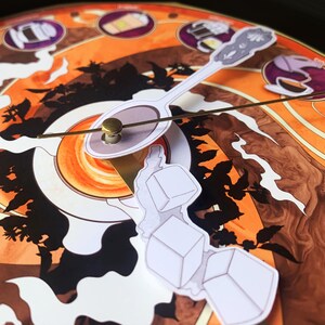 Pu&ograve; includere: Un quadrante decorativo a tema caff&egrave;. L'orologio presenta uno sfondo marrone e arancione con illustrazioni di oggetti legati al caff&egrave;. Le lancette dell'orologio sono un cucchiaio e una piccola forma bianca con tre cubetti di ghiaccio.