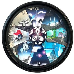 May include: A black framed clock with a white face and Roman numerals. The clock face is divided into 12 sections, each with a different image from the video game Hollow Knight. The images include the Queen's Gardens, the Crystal Peak, and the City of Tears.