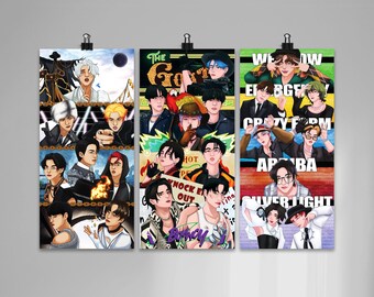 May include: Three colorful posters featuring a group of animated characters. The posters have a variety of text including "The Gold", "We Now", "Elbgf", "Crazy Fam", "Apba", "Silverlight", "Hot", "Knock Em Out", and "S-Boy".