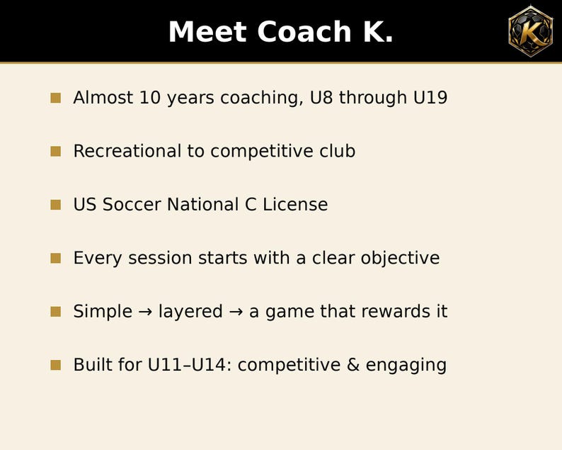 May include: A beige informational graphic titled Meet Coach K. with a black header and gold K logo. It lists coaching experience, US Soccer National C License, and training methodology for U8 through U19 players, specifically highlighting U11-U14.