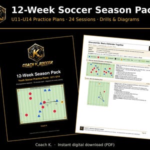 May include: A 12-Week Soccer Season Pack digital document for U11-U14 youth practice plans. The cover features the Coach K Soccer logo, title, and a soccer field diagram. The second page displays a Give-and-Go drill with text and diagrams.