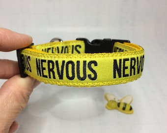 NERVOUS Dog Collar - Flat Collar - Clip Style - Yellow - Tiny Small Medium Large XLarge - Nervous Dogs - Give Me Space - Yellow Dog Collar