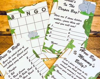 Baby Hippo Baby Shower PRINTABLE Games Instant Download 4 Games Baby Hippo theme  Zoo Theme Baby Shower Games Animal baby shower Games