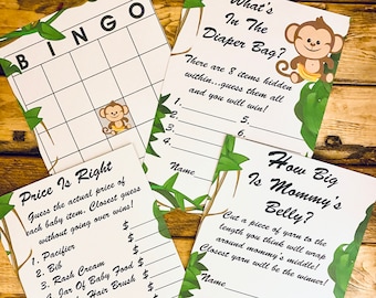 Baby Monkey Baby Shower PRINTABLE Games Instant Download 4 Games Baby Monkey theme  Zoo Theme Baby Shower Games Animal baby shower Games