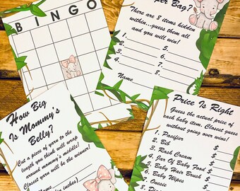 Baby Elephant Shower theme PRINTABLE Games Instant Download 4 Games elephant theme shower Girl shower Tropical Baby Shower Jungle Shower