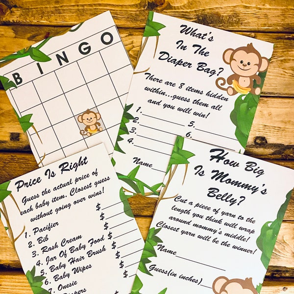 Baby Monkey Baby Shower PRINTABLE Games Instant Download 4 Games Baby Monkey theme  Zoo Theme Baby Shower Games Animal baby shower Games