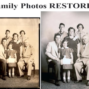 May include: A black and white photograph of a family of eight people, including two adults and six children. The family is posed in front of a plain background. The photograph is faded and has some damage, but the faces of the people are still visible.
