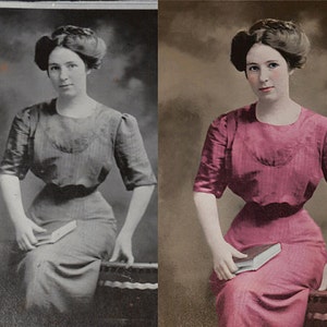 May include: A woman wearing a pink dress with a white collar, holding a book in her lap. She is seated against a brown backdrop.