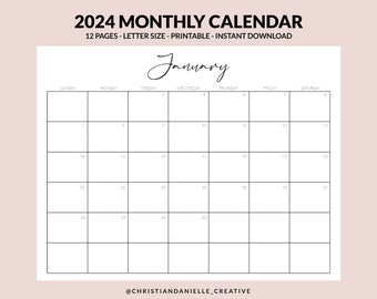 2024 Printable Monthly Calendar, Printable PDF Calendar, Instant Download, Minimalist Calendar, Year Calendar, Printable Planner Pages