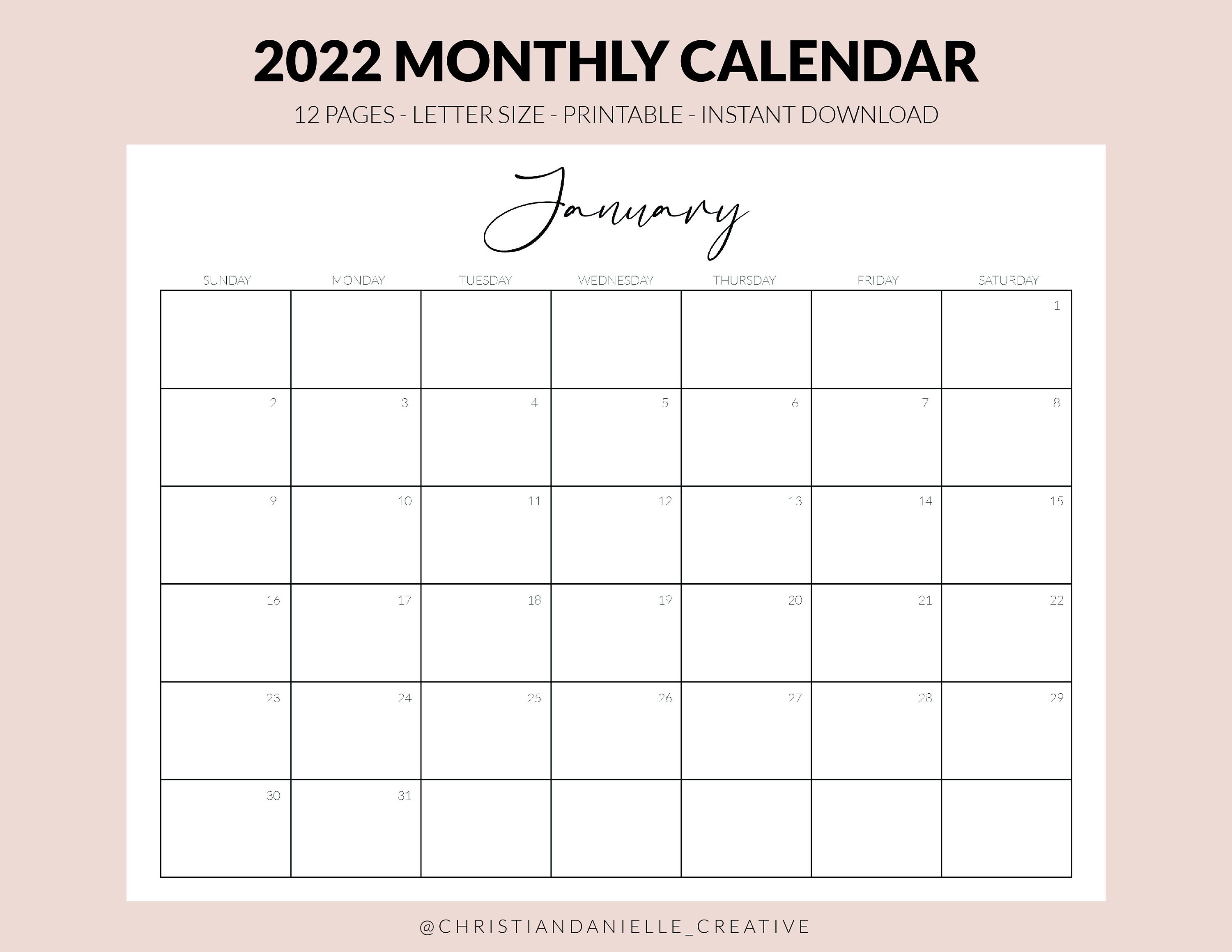 2022 printable monthly calendar printable pdf calendar etsy